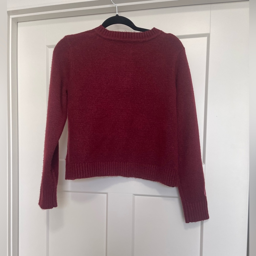 Women's Burgundy Sweater with Pink Rose Embroidery - Picture 2 of 5